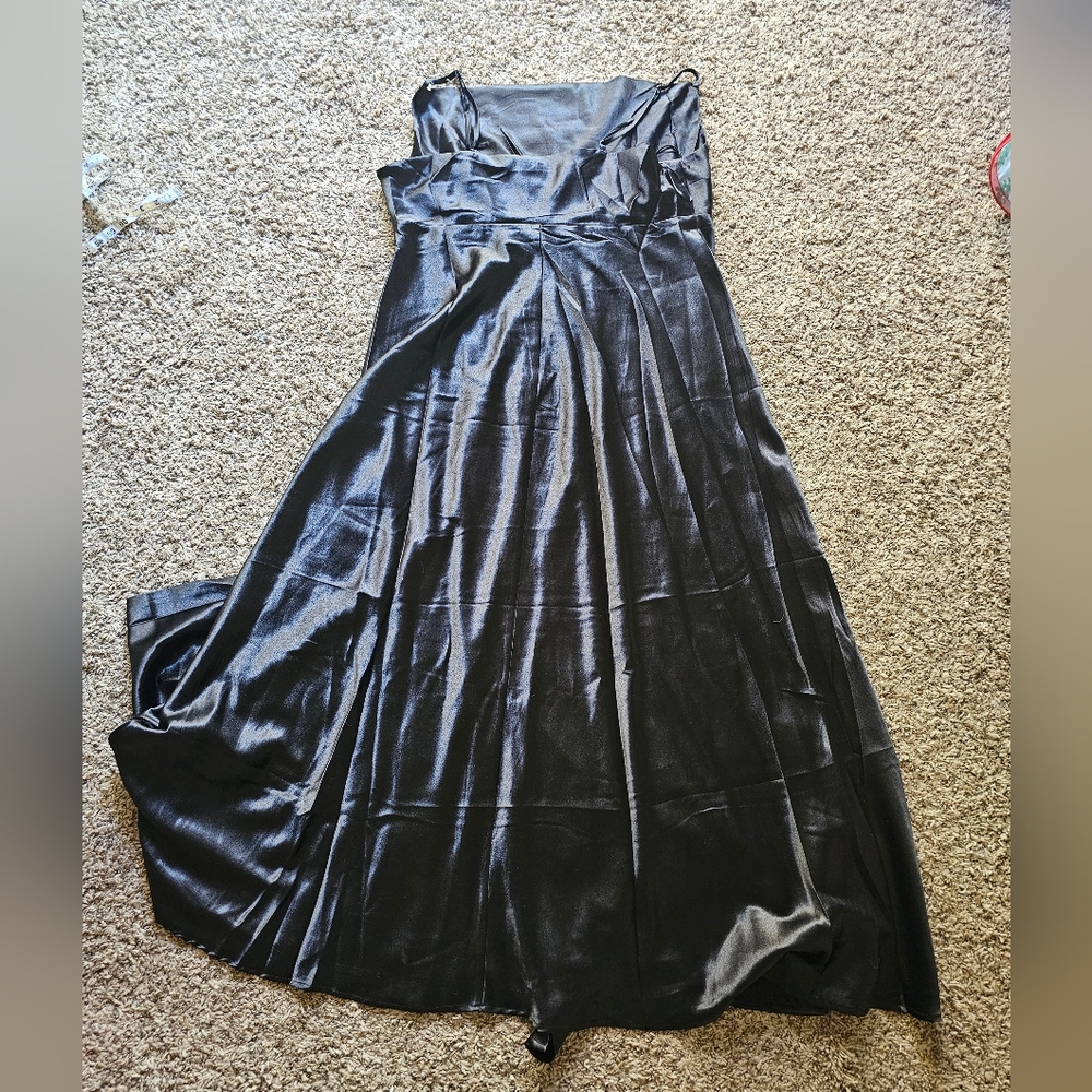 NwT Birdy Grey Satin Black Elegant Chic Leg cut out Maxi Dress Sz 2X - Picture 9 of 11
